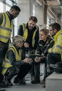 Team som gjennomgår arbeid på anlegget sammen